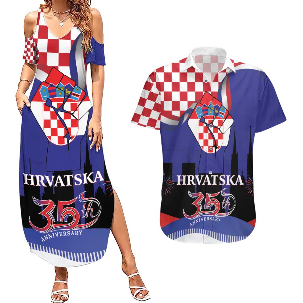 Croatia Independence Day Couples Matching Summer Maxi Dress and Hawaiian Shirt Hrvatska Checkerboard 35th Anniversary