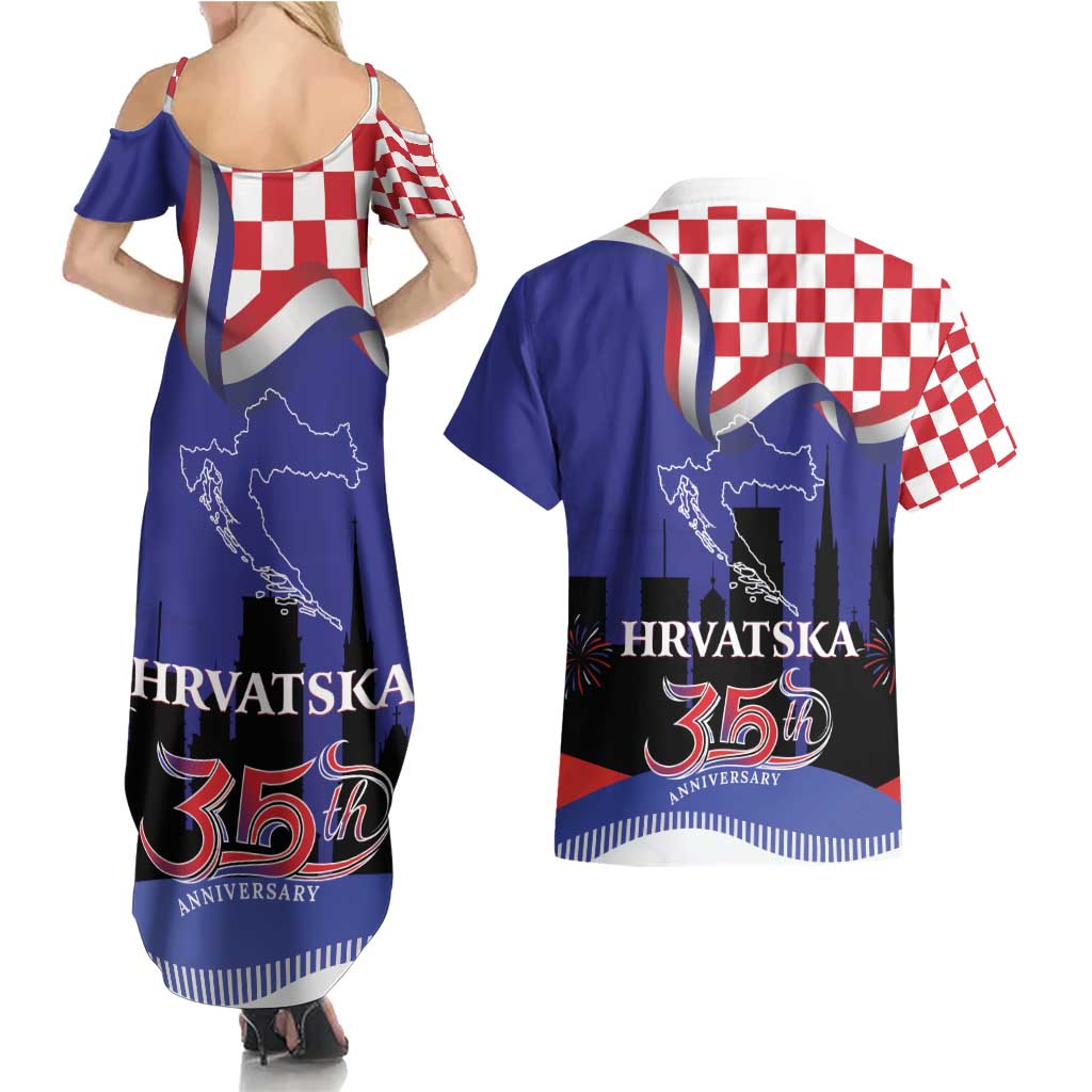 Croatia Independence Day Couples Matching Summer Maxi Dress and Hawaiian Shirt Hrvatska Checkerboard 35th Anniversary