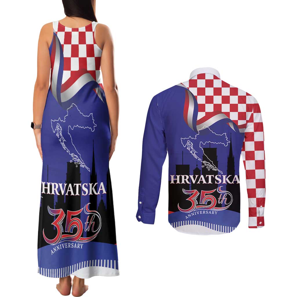 Croatia Independence Day Couples Matching Tank Maxi Dress and Long Sleeve Button Shirt Hrvatska Checkerboard 35th Anniversary