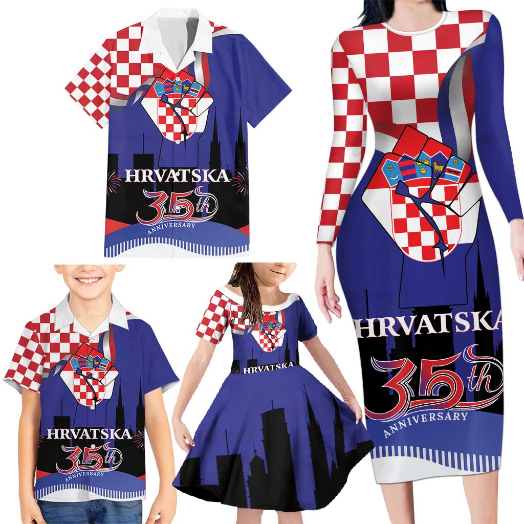 Croatia Independence Day Family Matching Long Sleeve Bodycon Dress and Hawaiian Shirt Hrvatska Checkerboard 35th Anniversary