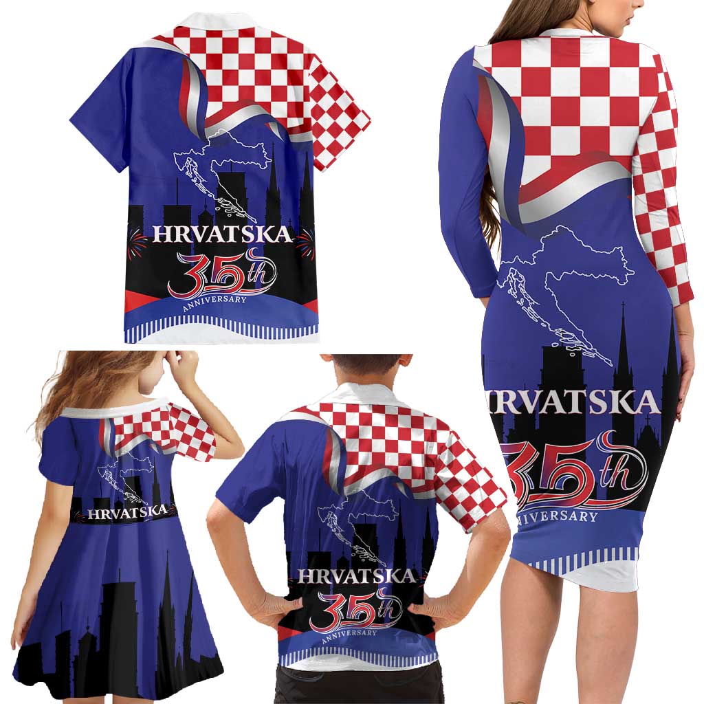 Croatia Independence Day Family Matching Long Sleeve Bodycon Dress and Hawaiian Shirt Hrvatska Checkerboard 35th Anniversary