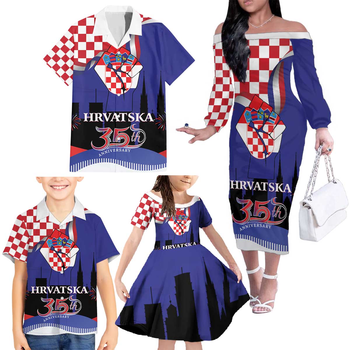 Croatia Independence Day Family Matching Off The Shoulder Long Sleeve Dress and Hawaiian Shirt Hrvatska Checkerboard 35th Anniversary