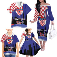 Croatia Independence Day Family Matching Off The Shoulder Long Sleeve Dress and Hawaiian Shirt Hrvatska Checkerboard 35th Anniversary