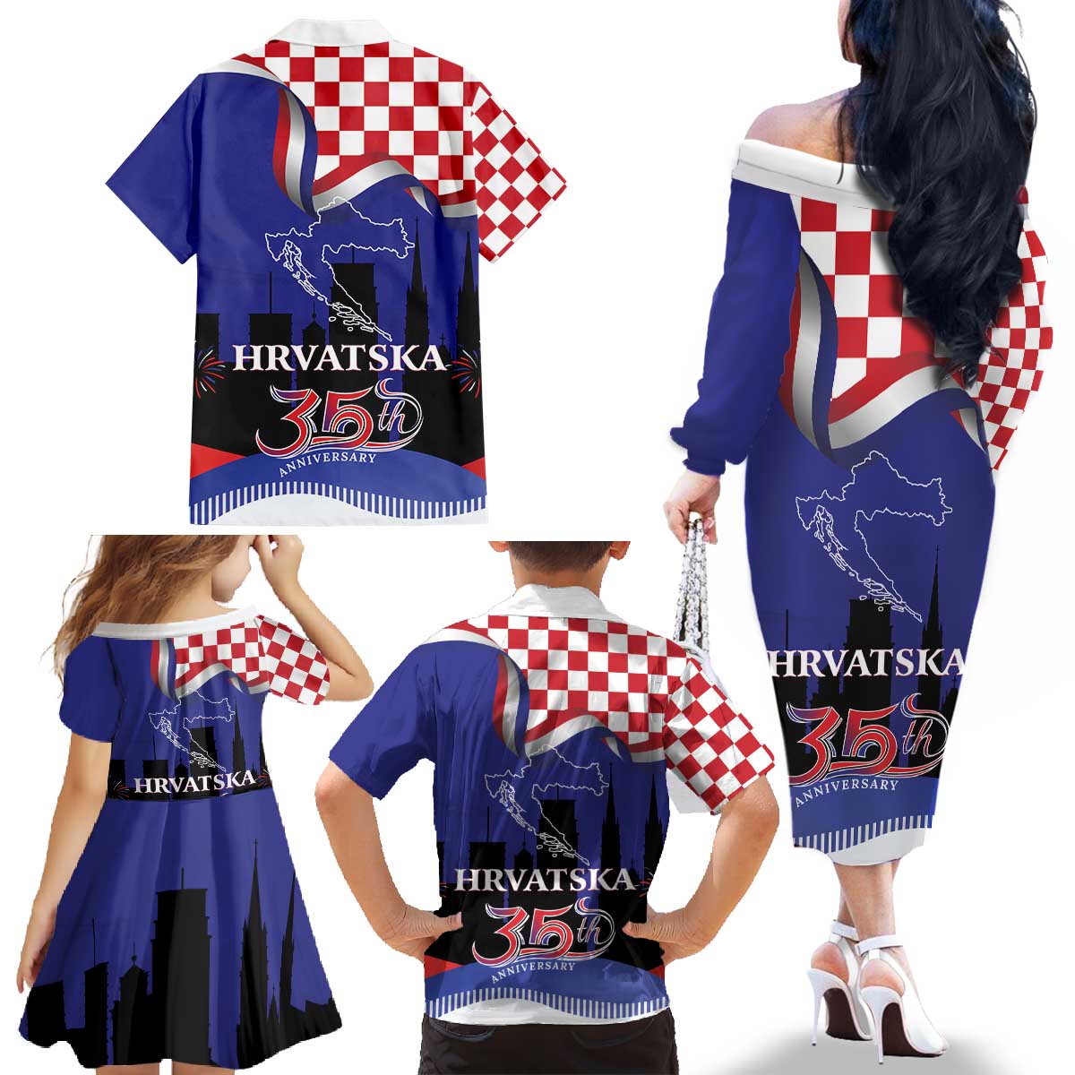 Croatia Independence Day Family Matching Off The Shoulder Long Sleeve Dress and Hawaiian Shirt Hrvatska Checkerboard 35th Anniversary