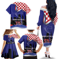 Croatia Independence Day Family Matching Off The Shoulder Long Sleeve Dress and Hawaiian Shirt Hrvatska Checkerboard 35th Anniversary