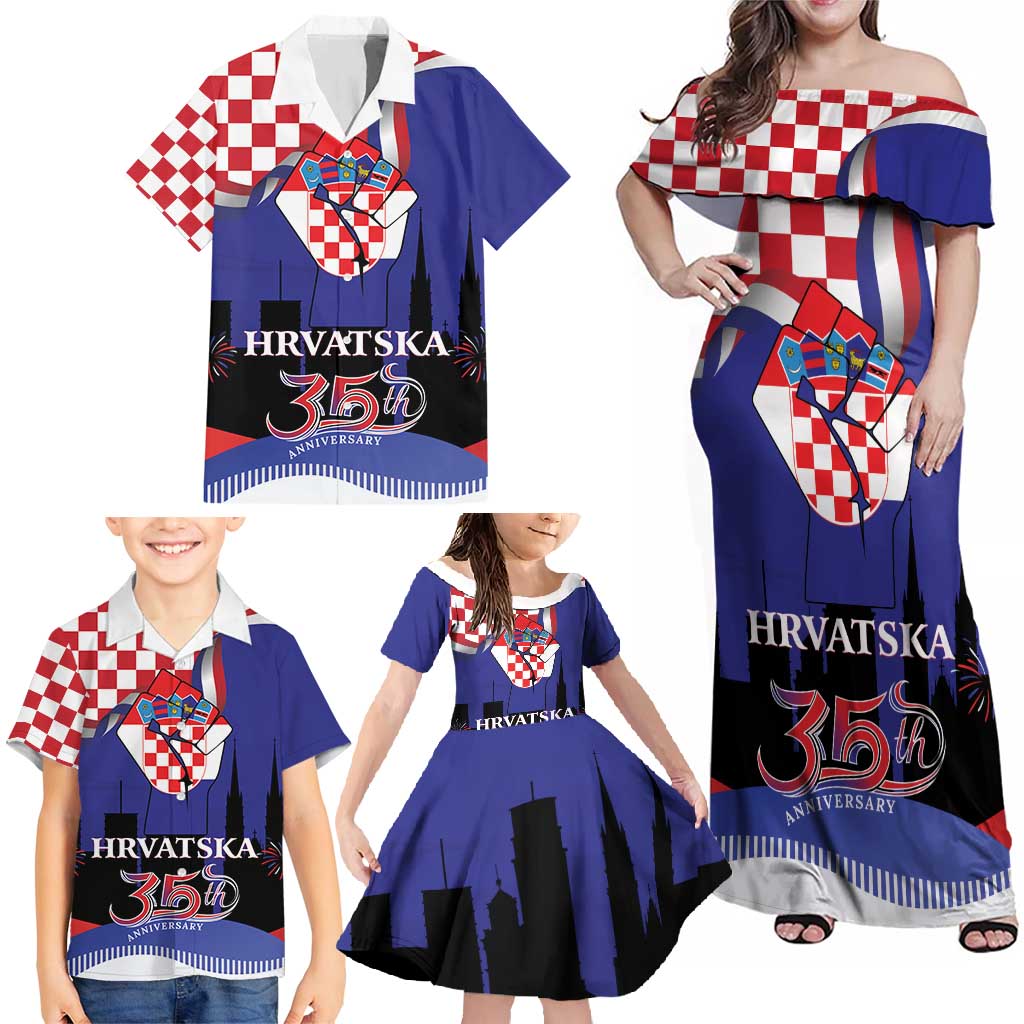 Croatia Independence Day Family Matching Off Shoulder Maxi Dress and Hawaiian Shirt Hrvatska Checkerboard 35th Anniversary