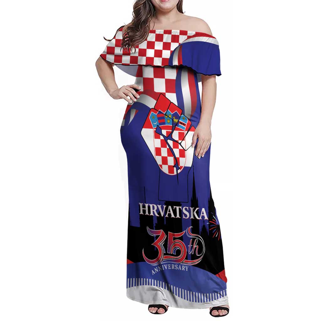 Croatia Independence Day Family Matching Off Shoulder Maxi Dress and Hawaiian Shirt Hrvatska Checkerboard 35th Anniversary