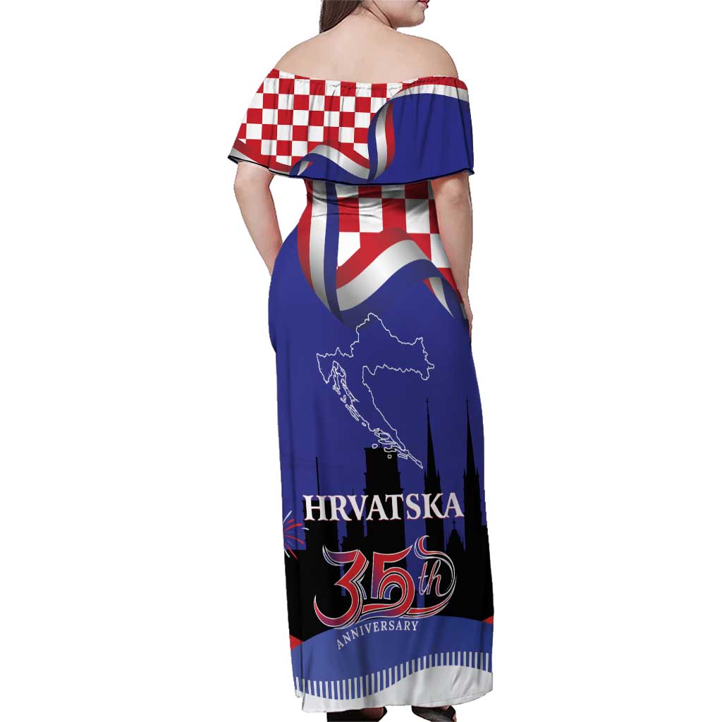Croatia Independence Day Family Matching Off Shoulder Maxi Dress and Hawaiian Shirt Hrvatska Checkerboard 35th Anniversary