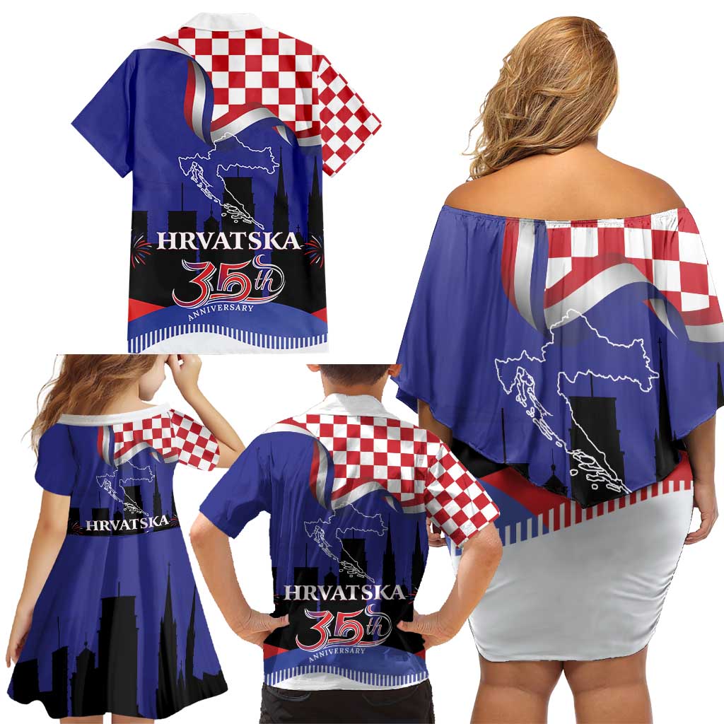 Croatia Independence Day Family Matching Off Shoulder Short Dress and Hawaiian Shirt Hrvatska Checkerboard 35th Anniversary