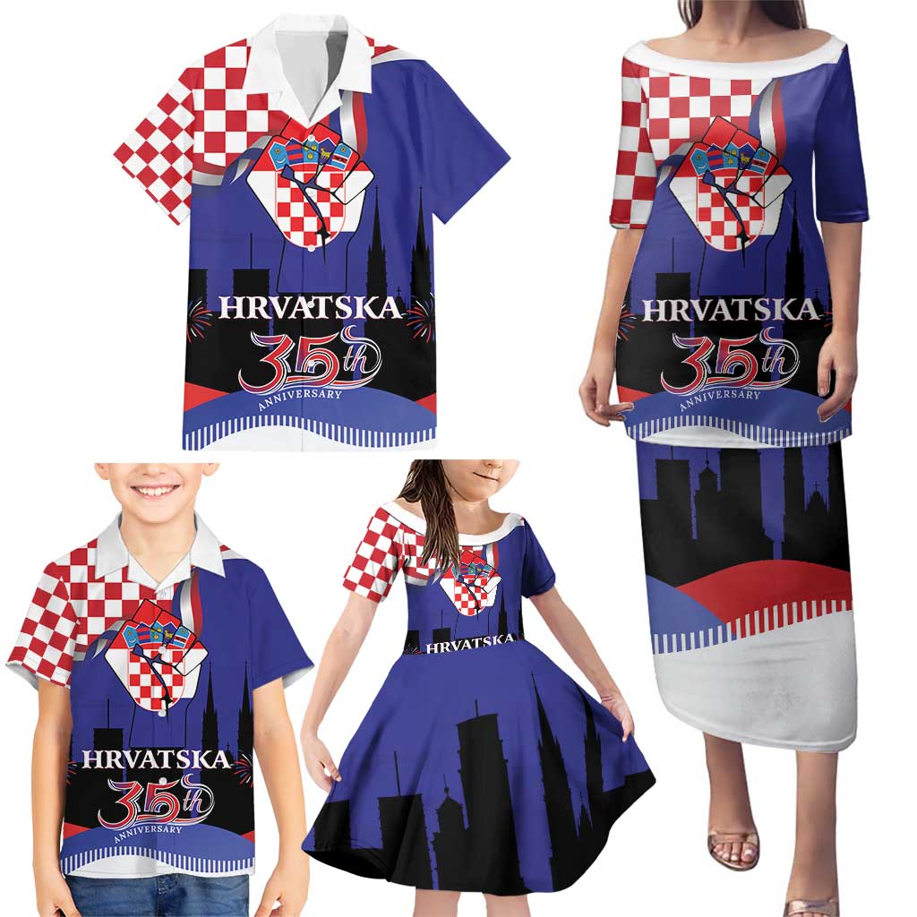 Croatia Independence Day Family Matching Puletasi and Hawaiian Shirt Hrvatska Checkerboard 35th Anniversary