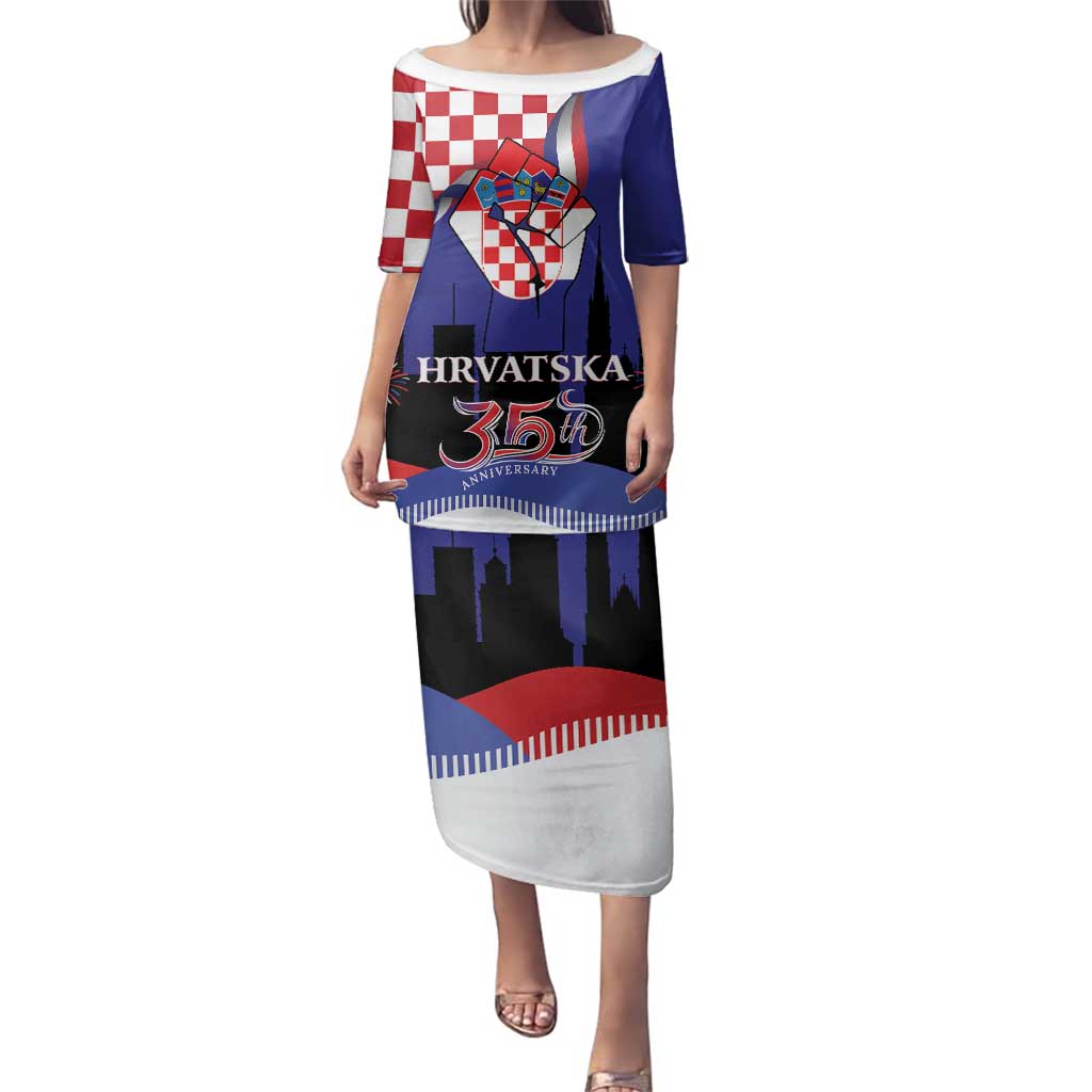 Croatia Independence Day Family Matching Puletasi and Hawaiian Shirt Hrvatska Checkerboard 35th Anniversary