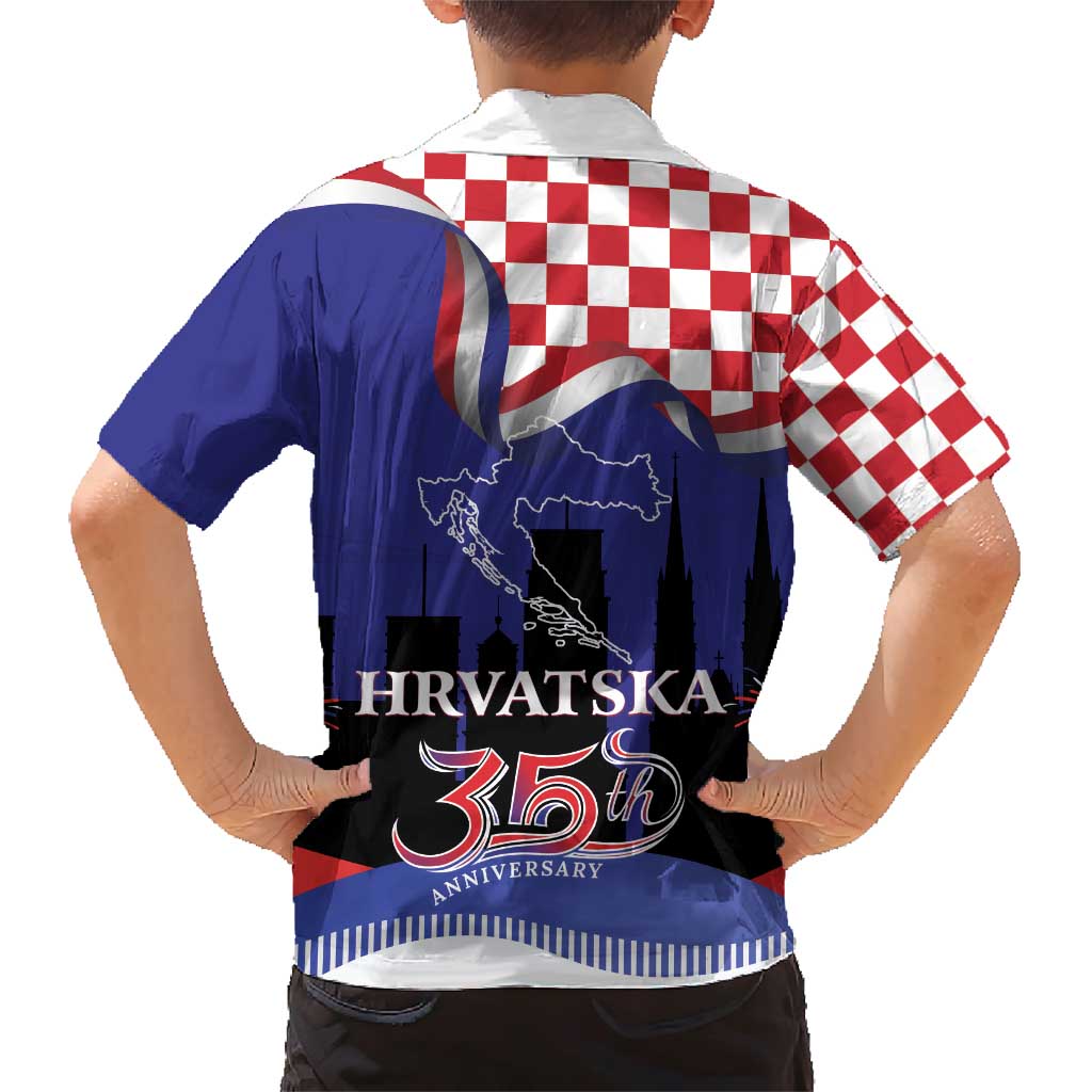 Croatia Independence Day Family Matching Short Sleeve Bodycon Dress and Hawaiian Shirt Hrvatska Checkerboard 35th Anniversary
