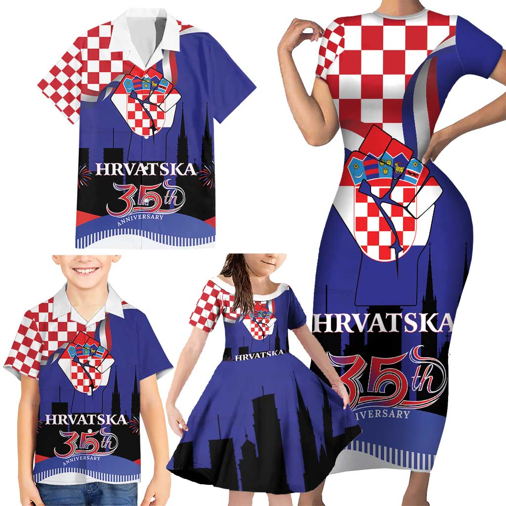 Croatia Independence Day Family Matching Short Sleeve Bodycon Dress and Hawaiian Shirt Hrvatska Checkerboard 35th Anniversary