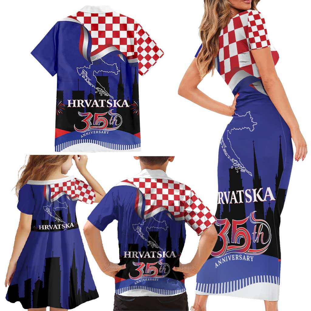 Croatia Independence Day Family Matching Short Sleeve Bodycon Dress and Hawaiian Shirt Hrvatska Checkerboard 35th Anniversary