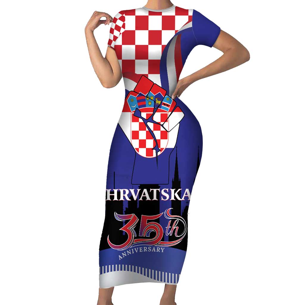 Croatia Independence Day Family Matching Short Sleeve Bodycon Dress and Hawaiian Shirt Hrvatska Checkerboard 35th Anniversary