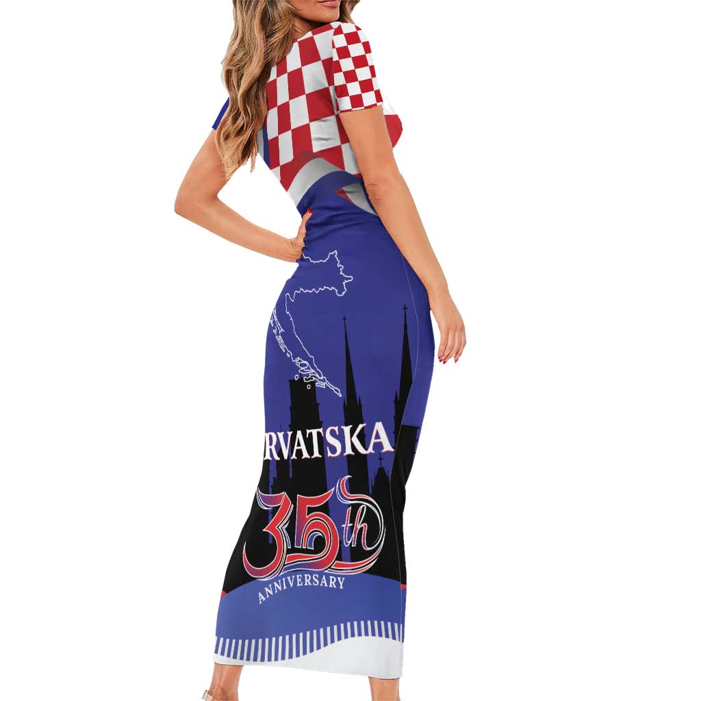 Croatia Independence Day Family Matching Short Sleeve Bodycon Dress and Hawaiian Shirt Hrvatska Checkerboard 35th Anniversary