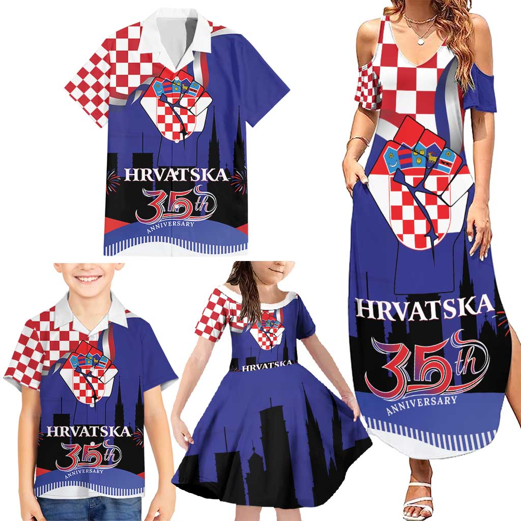 Croatia Independence Day Family Matching Summer Maxi Dress and Hawaiian Shirt Hrvatska Checkerboard 35th Anniversary