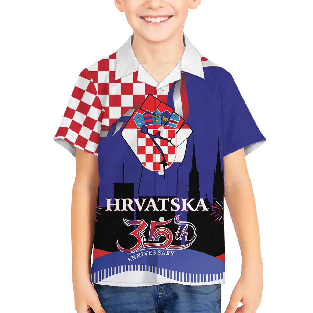 Croatia Independence Day Kid Hawaiian Shirt Hrvatska Checkerboard 35th Anniversary