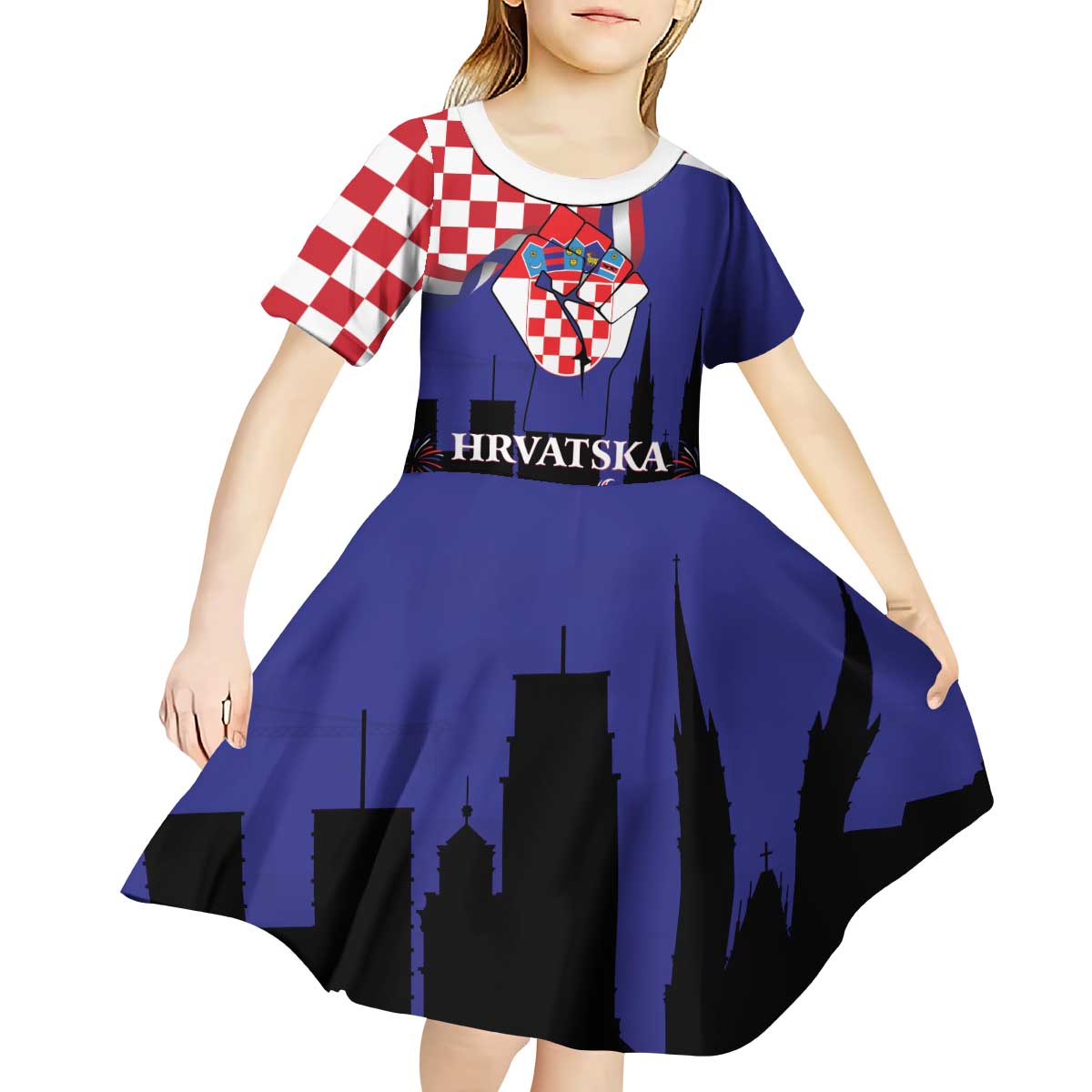 Croatia Independence Day Kid Short Sleeve Dress Hrvatska Checkerboard 35th Anniversary