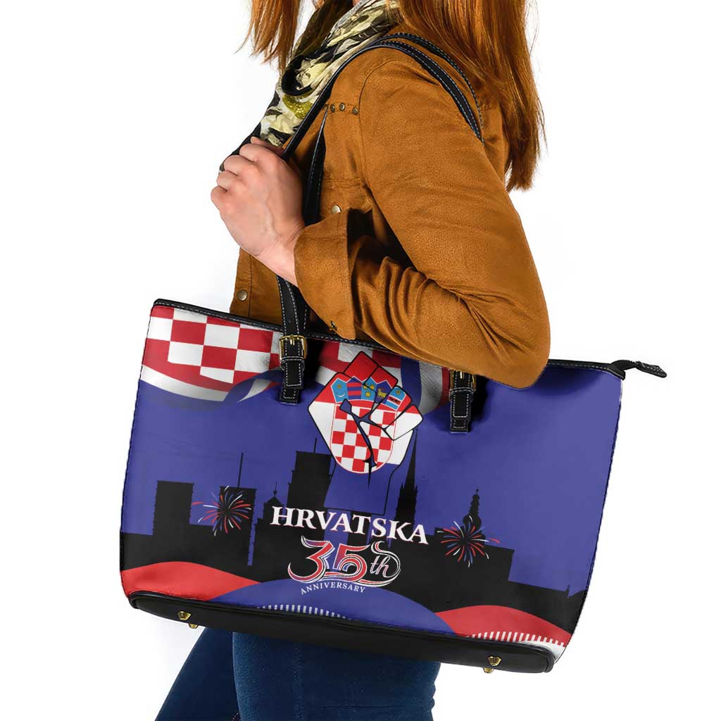Croatia Independence Day Leather Tote Bag Hrvatska Checkerboard 35th Anniversary