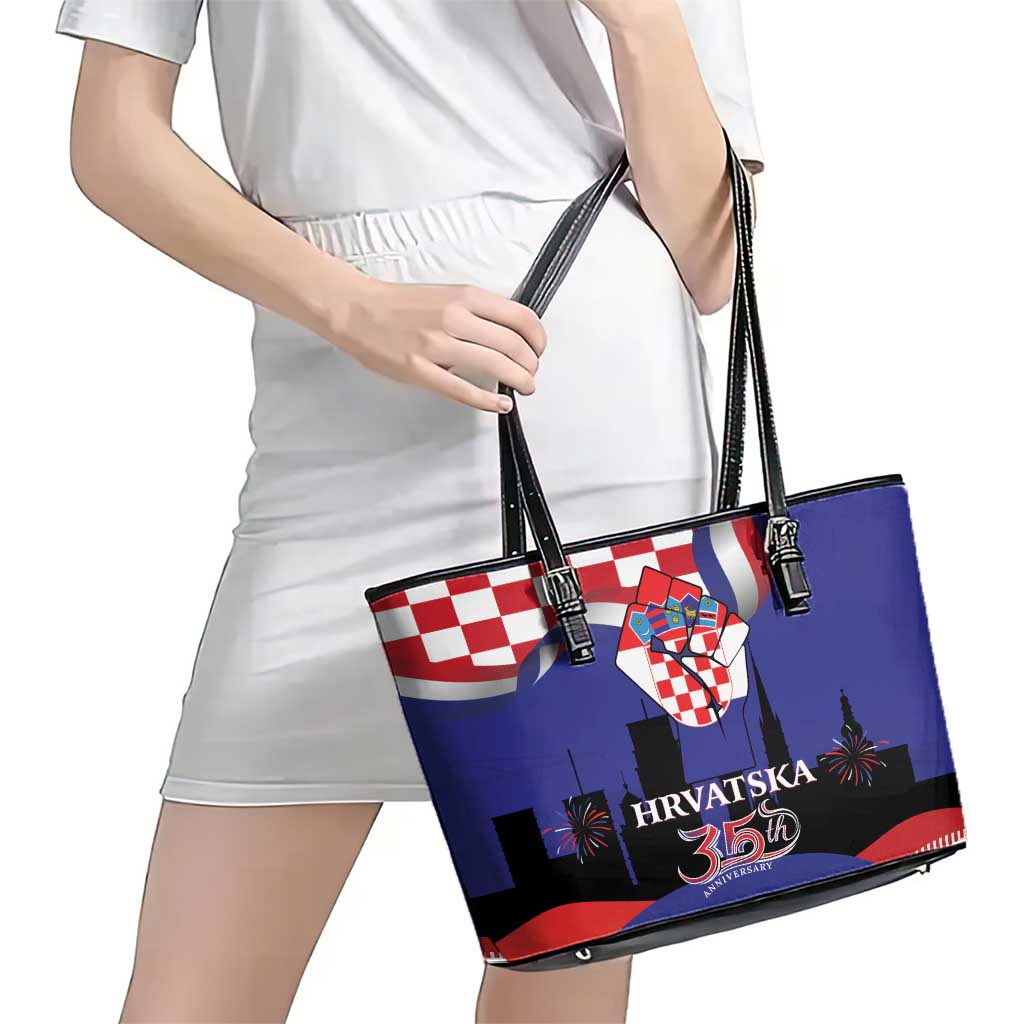 Croatia Independence Day Leather Tote Bag Hrvatska Checkerboard 35th Anniversary