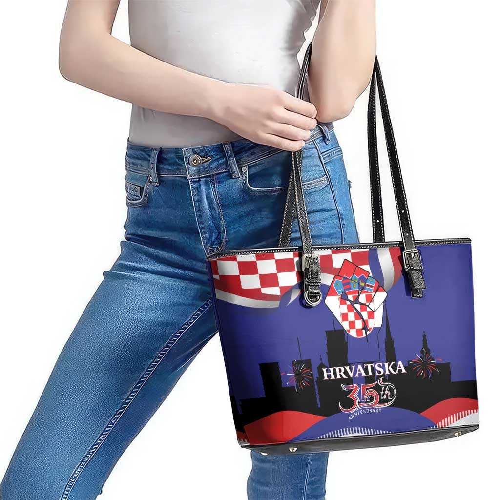 Croatia Independence Day Leather Tote Bag Hrvatska Checkerboard 35th Anniversary