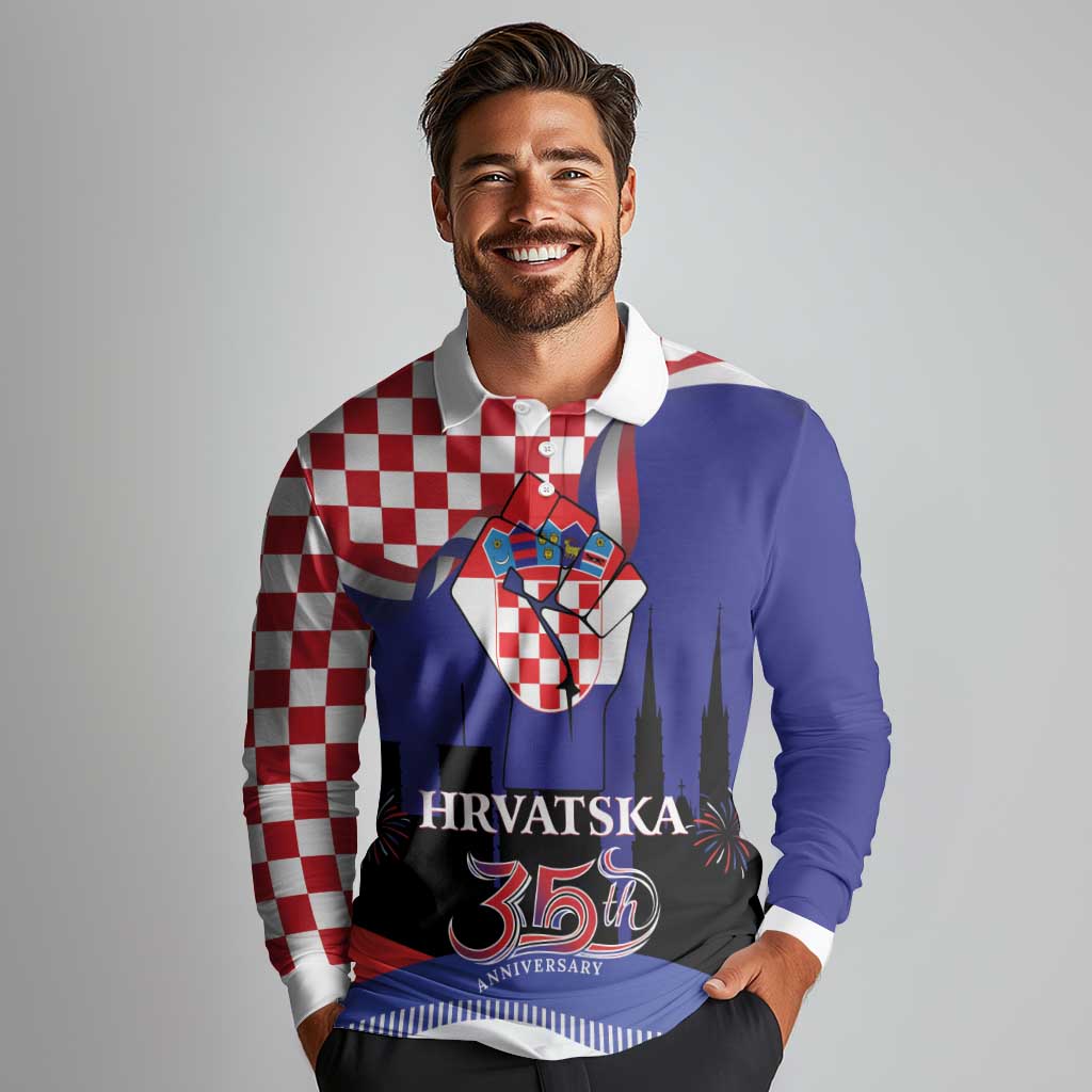 Croatia Independence Day Long Sleeve Polo Shirt Hrvatska Checkerboard 35th Anniversary