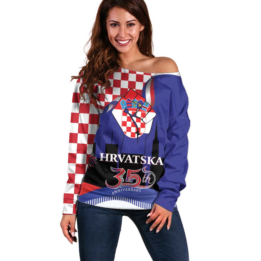 Croatia Independence Day Off Shoulder Sweater Hrvatska Checkerboard 35th Anniversary