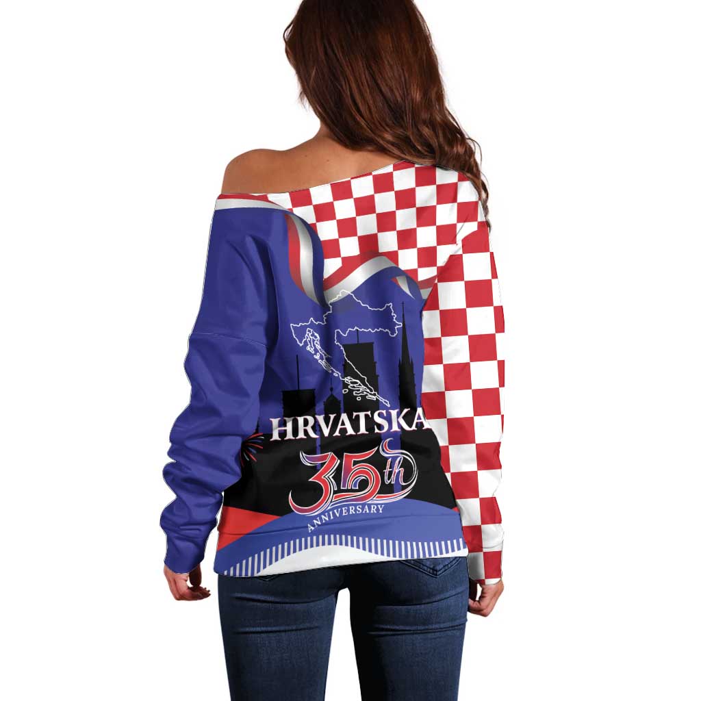 Croatia Independence Day Off Shoulder Sweater Hrvatska Checkerboard 35th Anniversary