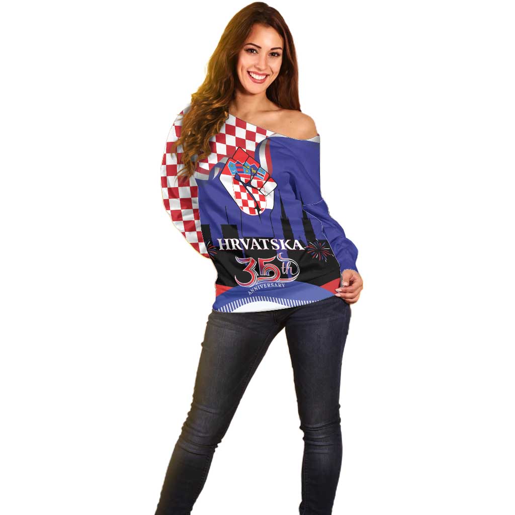 Croatia Independence Day Off Shoulder Sweater Hrvatska Checkerboard 35th Anniversary