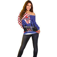 Croatia Independence Day Off Shoulder Sweater Hrvatska Checkerboard 35th Anniversary