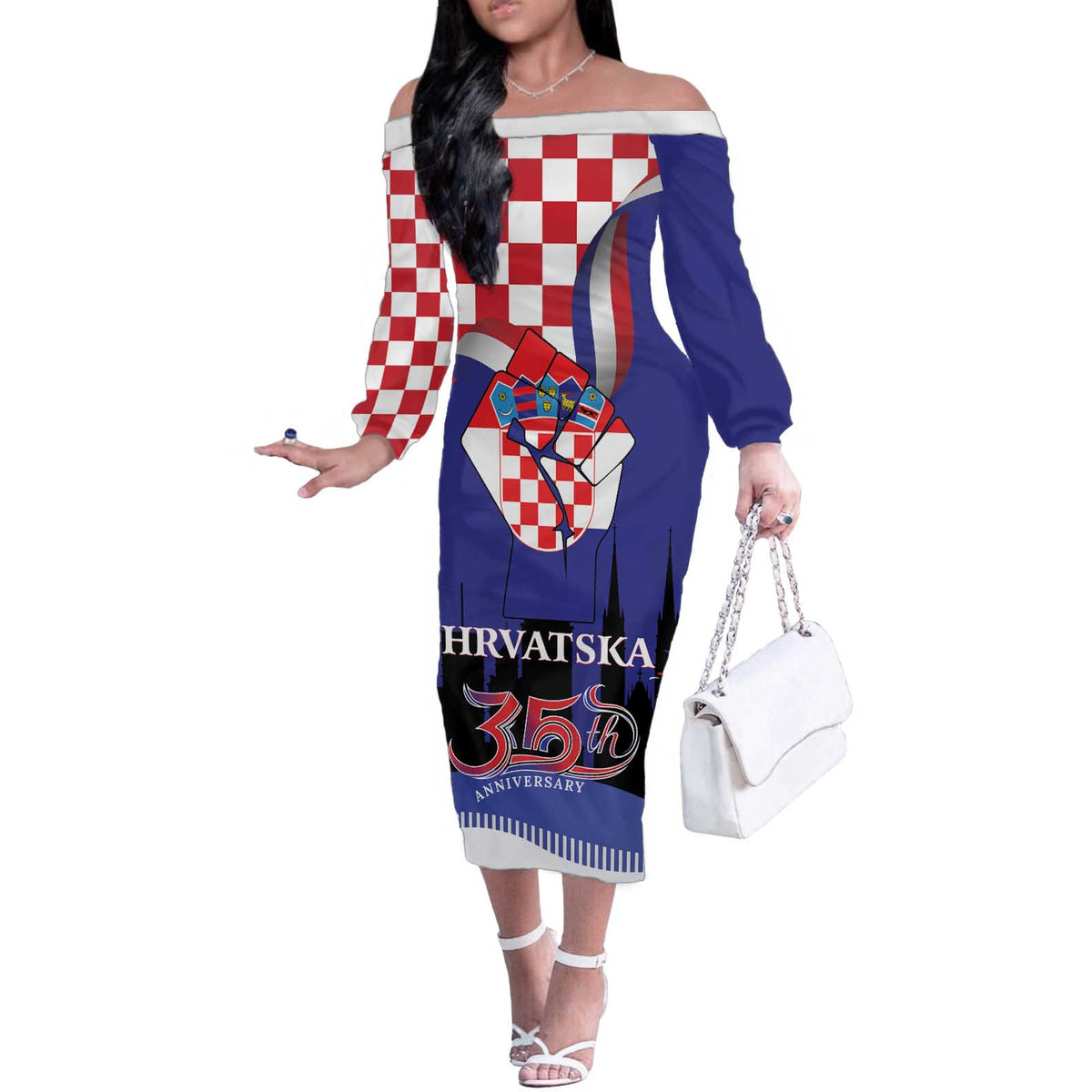Croatia Independence Day Off The Shoulder Long Sleeve Dress Hrvatska Checkerboard 35th Anniversary