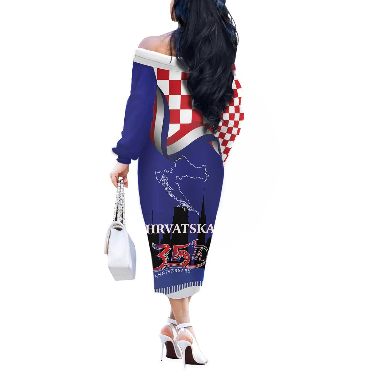 Croatia Independence Day Off The Shoulder Long Sleeve Dress Hrvatska Checkerboard 35th Anniversary