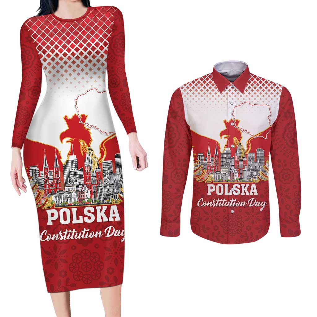 Poland Constitution Day Couples Matching Long Sleeve Bodycon Dress and Long Sleeve Button Shirt Warsaw Capital Mazurek Dabrowskiego