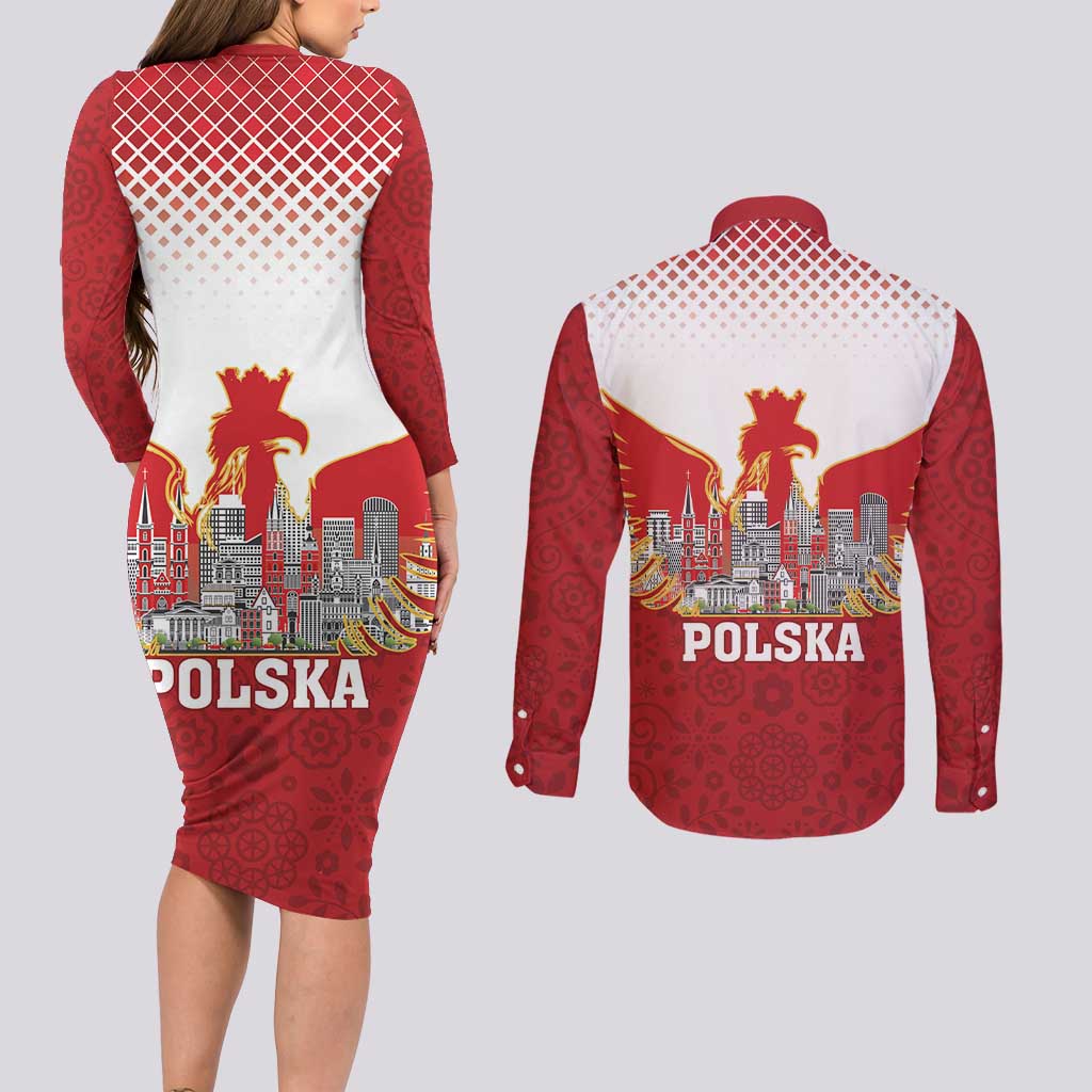 Poland Constitution Day Couples Matching Long Sleeve Bodycon Dress and Long Sleeve Button Shirt Warsaw Capital Mazurek Dabrowskiego
