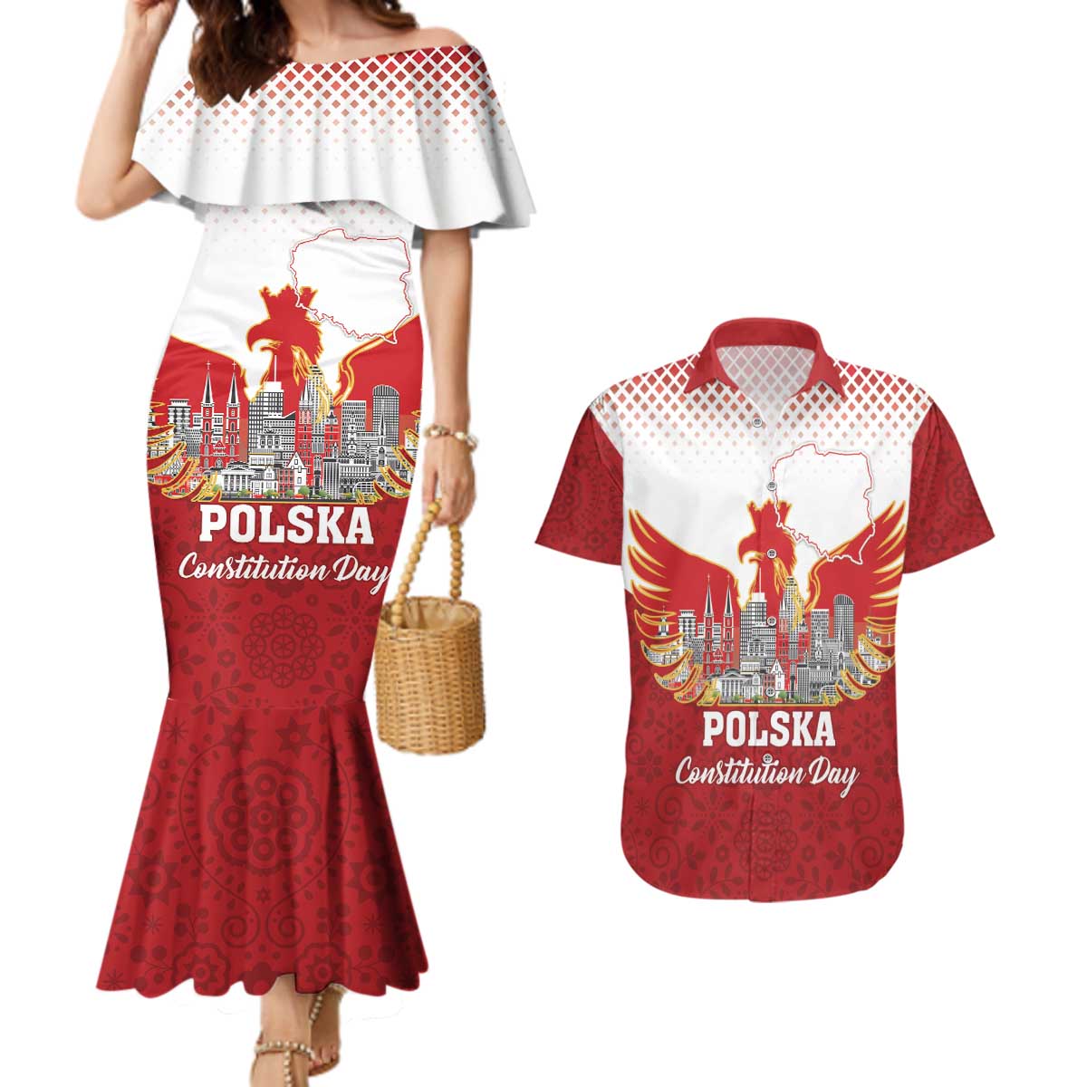 Poland Constitution Day Couples Matching Mermaid Dress and Hawaiian Shirt Warsaw Capital Mazurek Dabrowskiego