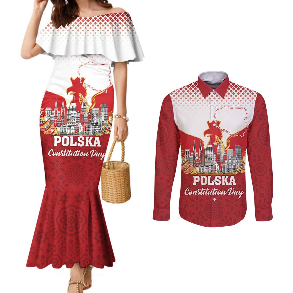 Poland Constitution Day Couples Matching Mermaid Dress and Long Sleeve Button Shirt Warsaw Capital Mazurek Dabrowskiego