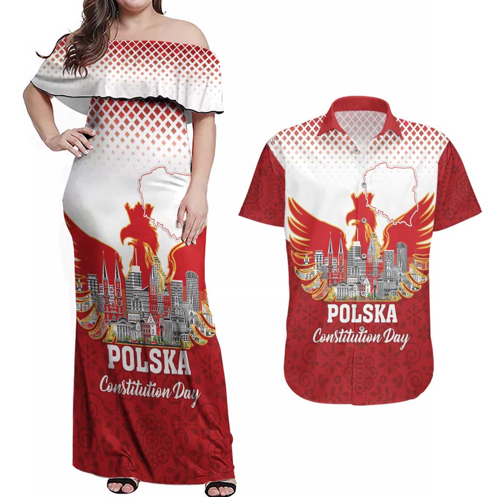 Poland Constitution Day Couples Matching Off Shoulder Maxi Dress and Hawaiian Shirt Warsaw Capital Mazurek Dabrowskiego
