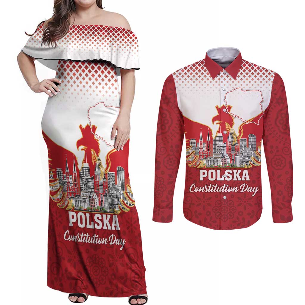 Poland Constitution Day Couples Matching Off Shoulder Maxi Dress and Long Sleeve Button Shirt Warsaw Capital Mazurek Dabrowskiego