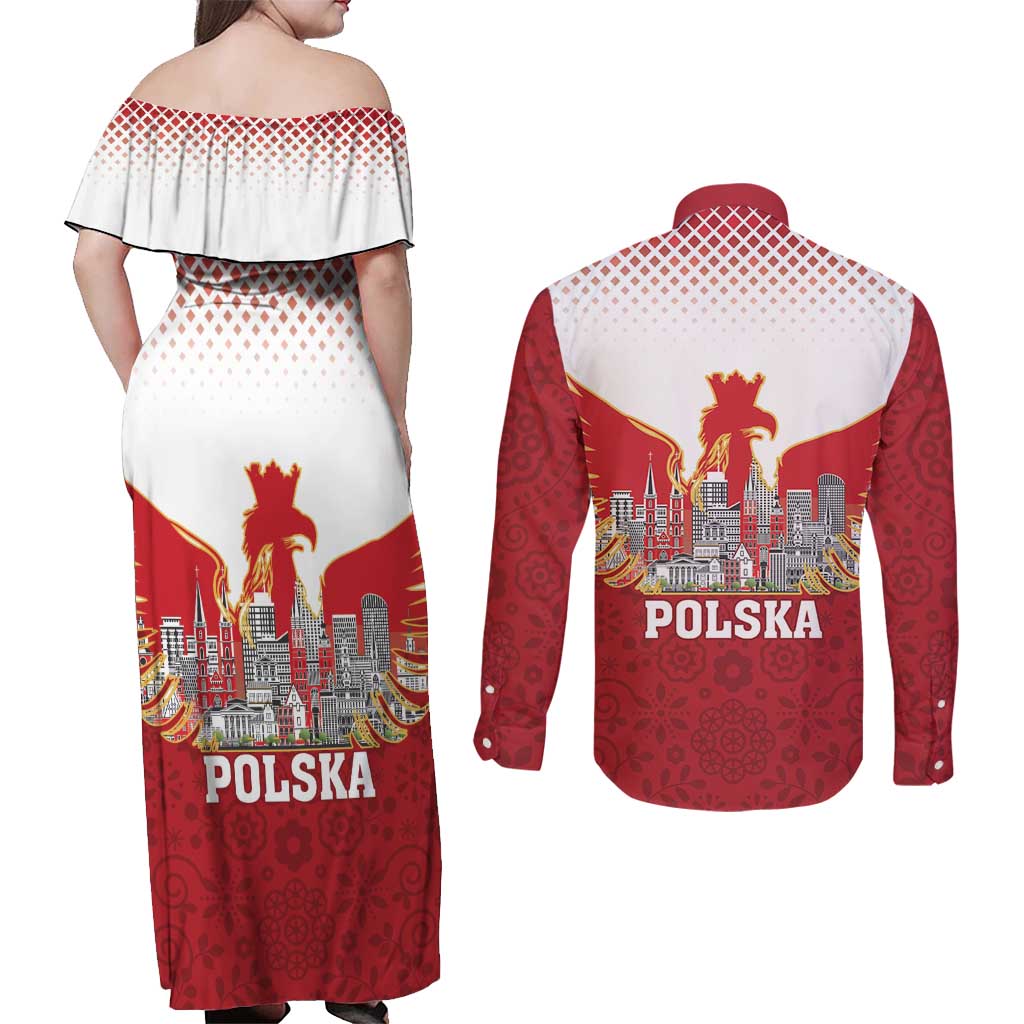 Poland Constitution Day Couples Matching Off Shoulder Maxi Dress and Long Sleeve Button Shirt Warsaw Capital Mazurek Dabrowskiego
