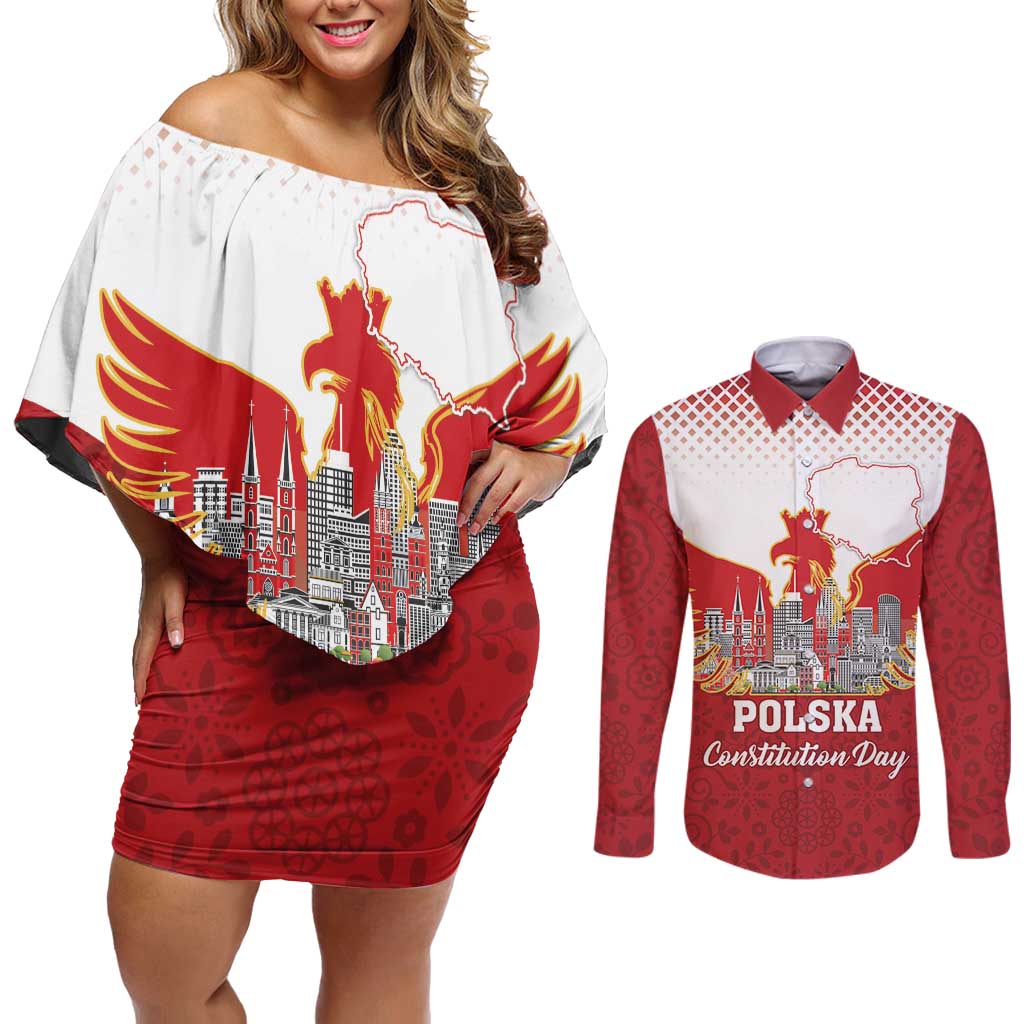Poland Constitution Day Couples Matching Off Shoulder Short Dress and Long Sleeve Button Shirt Warsaw Capital Mazurek Dabrowskiego