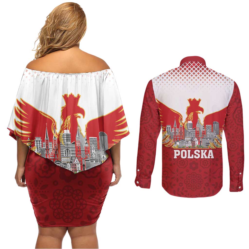 Poland Constitution Day Couples Matching Off Shoulder Short Dress and Long Sleeve Button Shirt Warsaw Capital Mazurek Dabrowskiego
