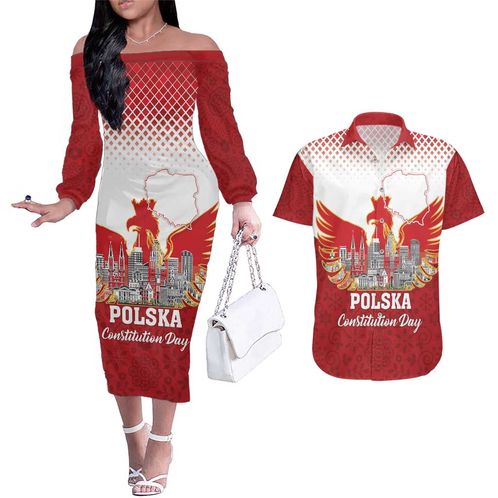 Poland Constitution Day Couples Matching Off The Shoulder Long Sleeve Dress and Hawaiian Shirt Warsaw Capital Mazurek Dabrowskiego