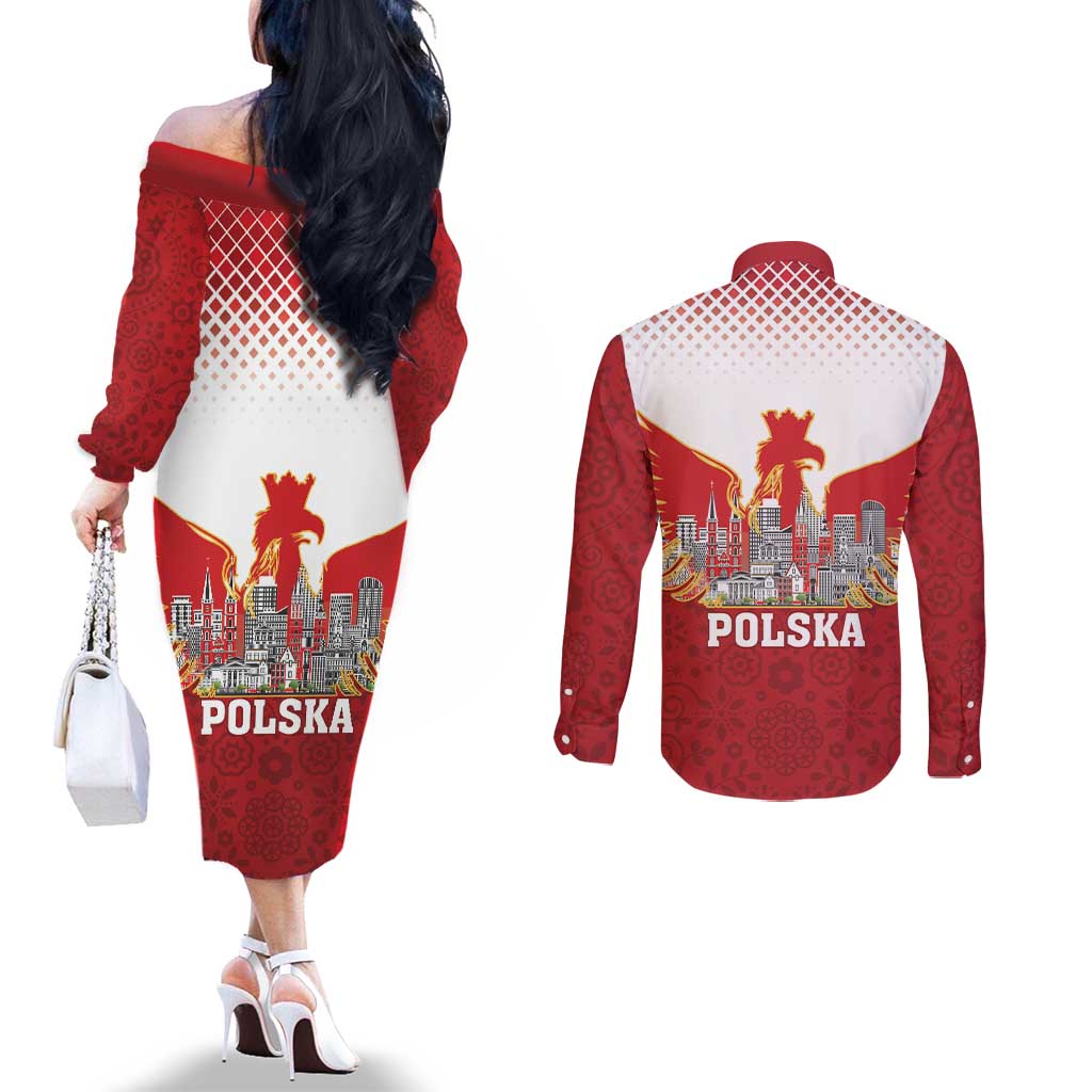 Poland Constitution Day Couples Matching Off The Shoulder Long Sleeve Dress and Long Sleeve Button Shirt Warsaw Capital Mazurek Dabrowskiego