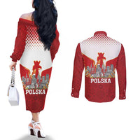 Poland Constitution Day Couples Matching Off The Shoulder Long Sleeve Dress and Long Sleeve Button Shirt Warsaw Capital Mazurek Dabrowskiego