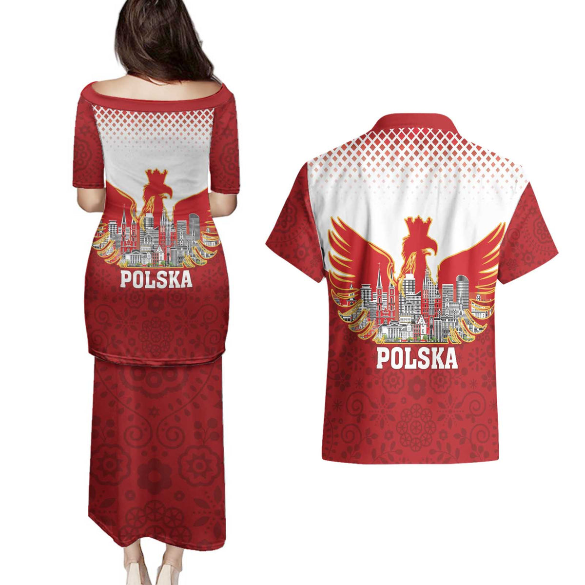 Poland Constitution Day Couples Matching Puletasi and Hawaiian Shirt Warsaw Capital Mazurek Dabrowskiego