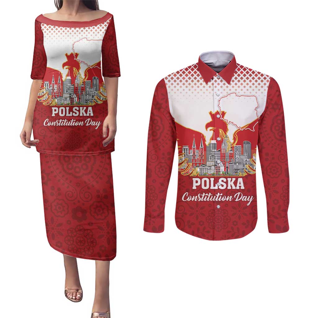 Poland Constitution Day Couples Matching Puletasi and Long Sleeve Button Shirt Warsaw Capital Mazurek Dabrowskiego