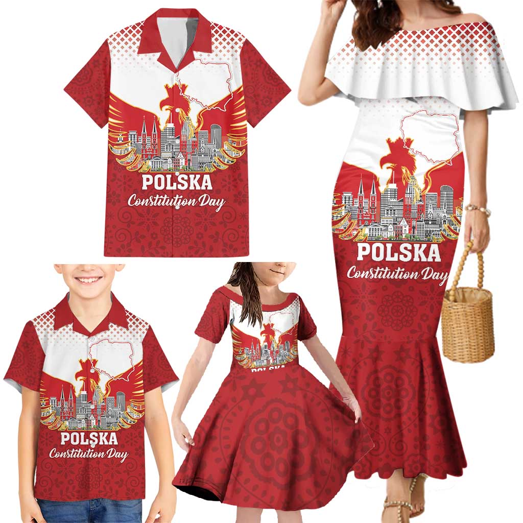 Poland Constitution Day Family Matching Mermaid Dress and Hawaiian Shirt Warsaw Capital Mazurek Dabrowskiego