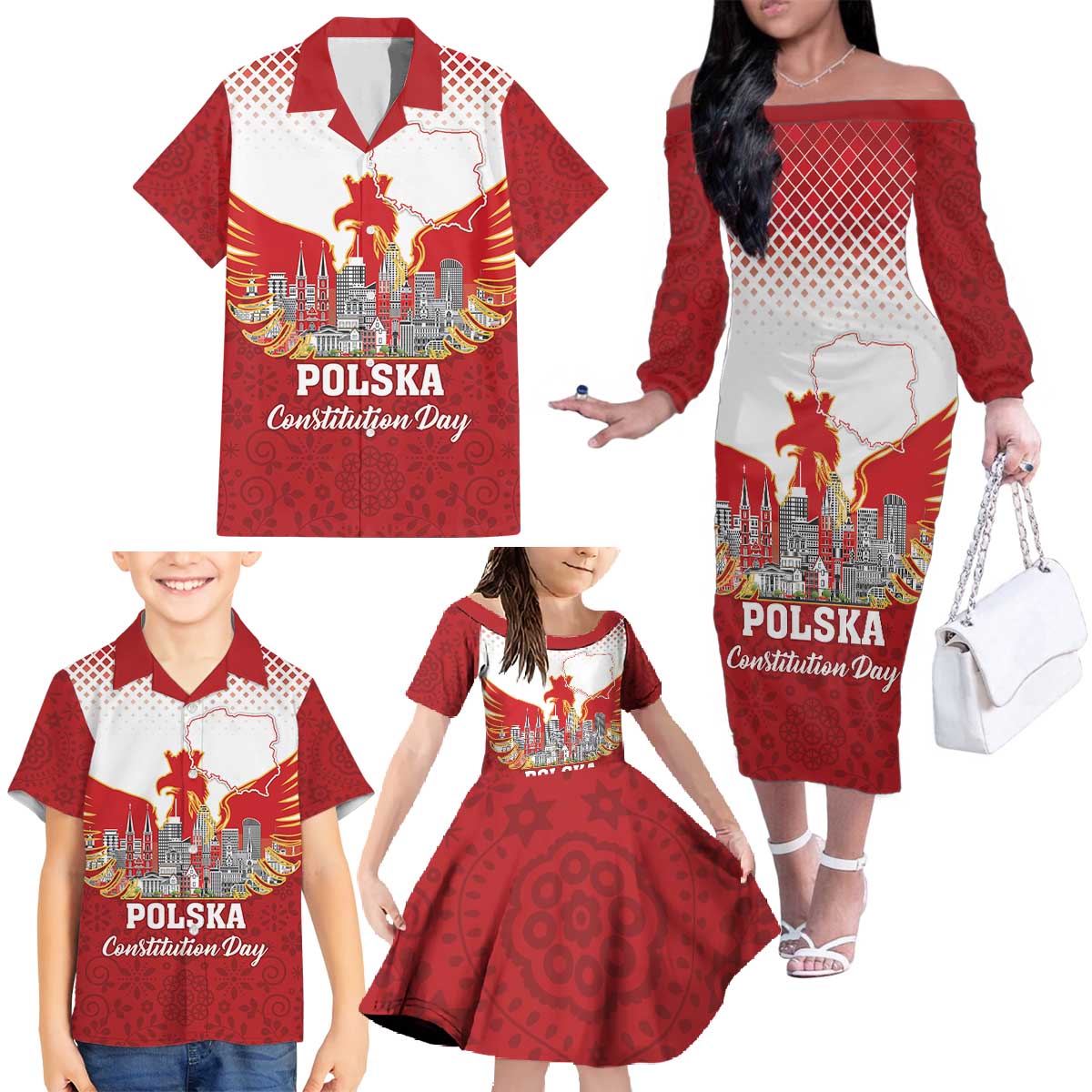 Poland Constitution Day Family Matching Off The Shoulder Long Sleeve Dress and Hawaiian Shirt Warsaw Capital Mazurek Dabrowskiego