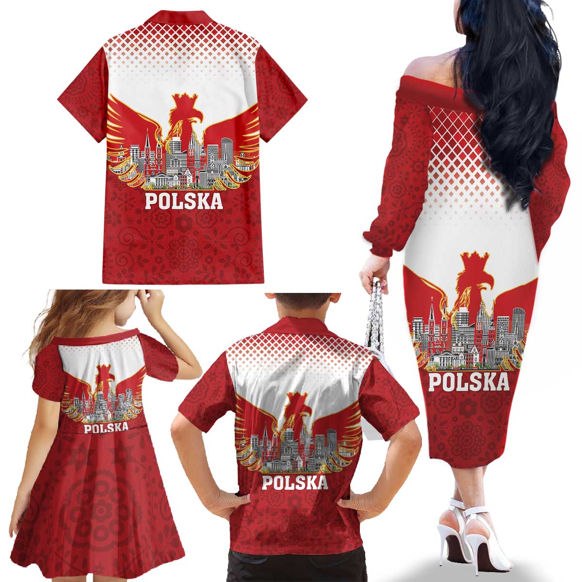 Poland Constitution Day Family Matching Off The Shoulder Long Sleeve Dress and Hawaiian Shirt Warsaw Capital Mazurek Dabrowskiego
